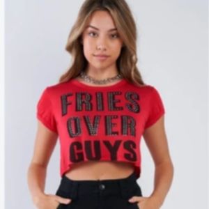"fries Over Guys" Graphic Studs Detail Crop Top